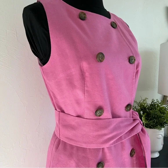 SOLD J CREW Linen Blend Double Breasted Belted Pink Dress Pockets Size 6 - Picture 4 of 11